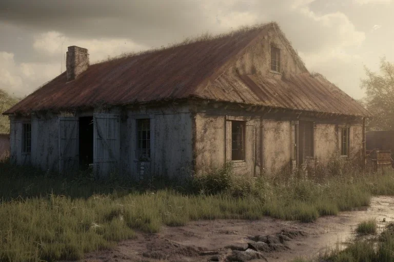 Old farmhouse, mud, storm, ruins