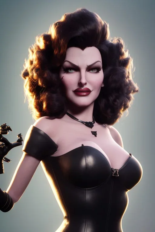 Rita Hayworth as evil queen in black leather, busty, cleavage, curvy, angry, stern look. character design by cory loftis, fenghua zhong, ryohei hase, ismail inceoglu and ruan jia. unreal engine 5, artistic lighting, highly detailed, photorealistic, fantasy