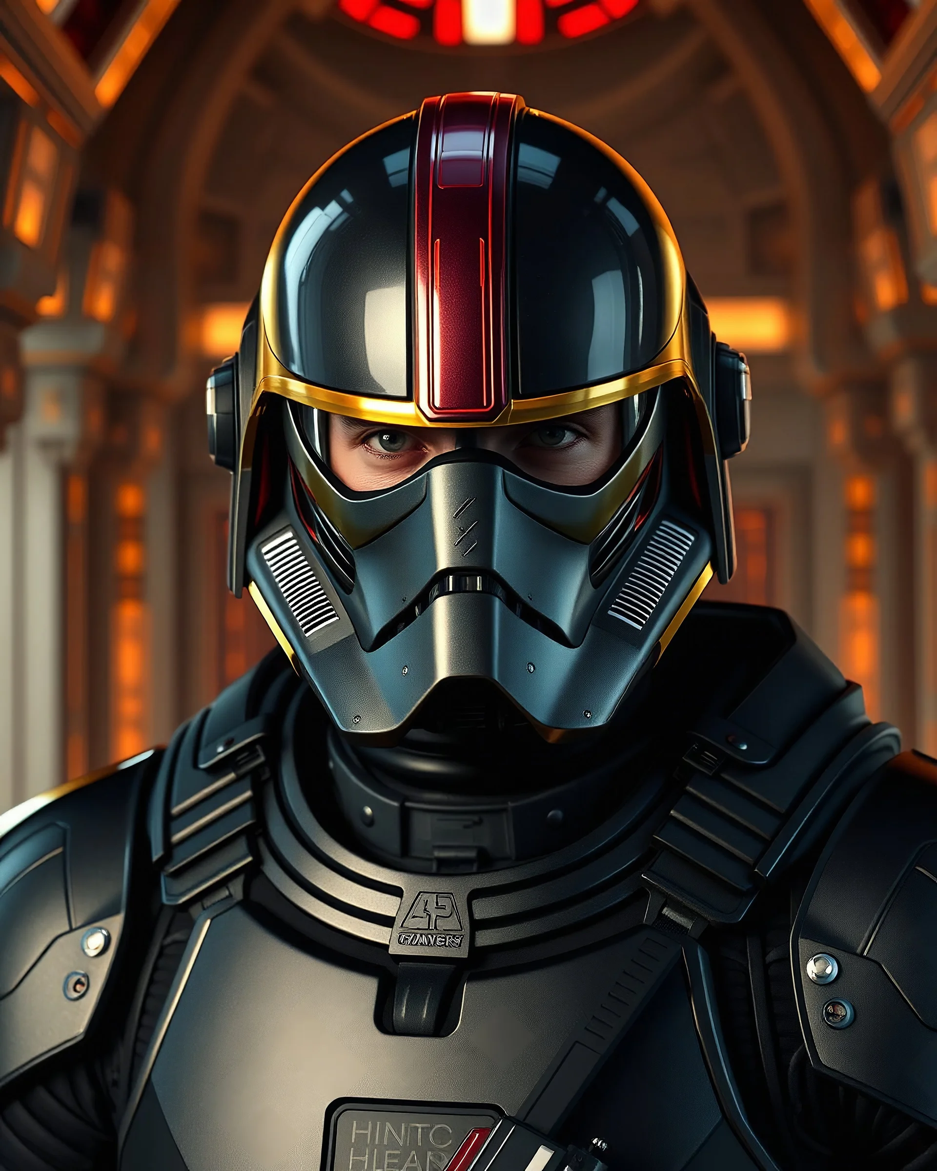 star wars bald male corellian pilot wearing pearlescent black and gunmetal grey First Order special forces heavy assault armor and full face helmet with gold and metallic red visor and trim inside the jedi temple, centered portrait, hyperdetailed, dynamic lighting, hyperdetailed background, 8k resolution, volumetric lighting, light skin, fully symmetric details