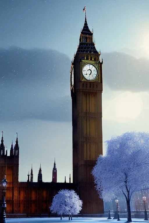 Big Ben, Realistic night christmas, snow, 4k, big tree christimas, intricate, bump