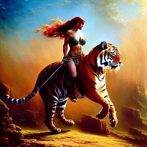 Drawing of beautiful face,'Red Sonja riding a Tiger',intense stare, ancient metal armor, balanciaga fashion clothe painting by gaston bussiere, greg rutkowski, yoji shinkawa, yoshitaka amano, tsutomu nihei, donato giancola, tim hildebrandt Oil on canvas, cinematic composition, extreme detail,fit full head inside picture,16k