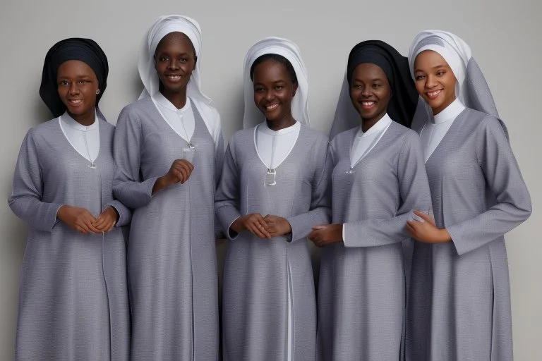 4 suore africane con tunica grigia figura intera sorrisi, visi armoniosi