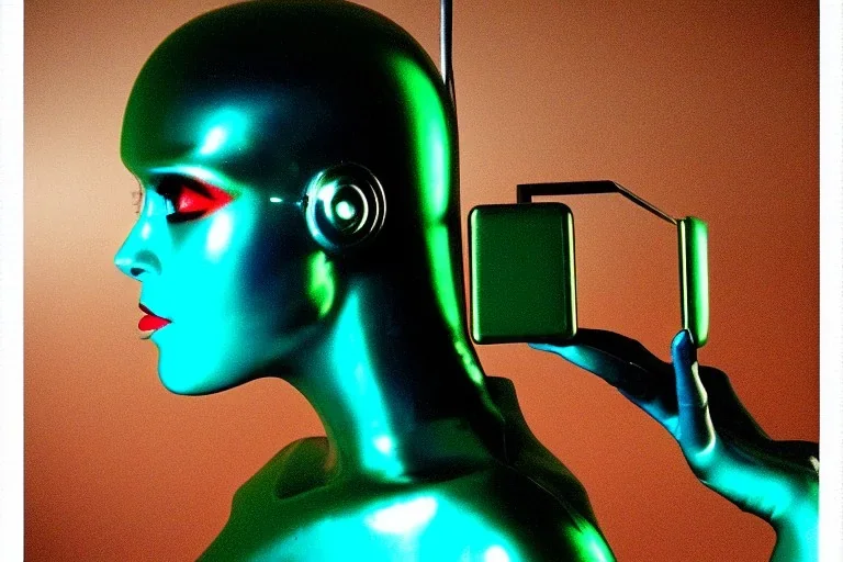Dark green to cyan metal surfaces body paint. partly coverage metallic. Girls with perfect slim bodies and big butts, man and Russian military women. Old-fashioned cameras integrated to heads. structure Cyber-punk. Attached telephones. Dystopia perfect body. Red&blue 3D-tiling. Dystopia. Partly symmetrical in relation to machines. Perfect golden ratio in vertical and horizontal directions. Bending time-space-continuum. Polyhedron in 5th dimension Tessellation in 4-dimensional space frog fingers