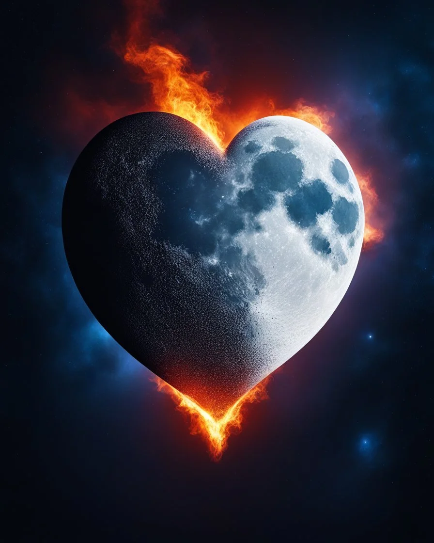 Moon in shape of realisitic heart, biological heart, cinematic, {abstract}, depression, space background, atmospheric, fire, DLSR, soft focus, dispersion