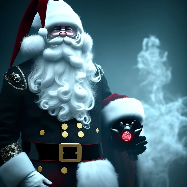 All Black Santa, ghost, wearing high tech mask, white smoke, dark, rage, high definition, ultra 8 k, volumetric lighting, blue fire, fog red rain