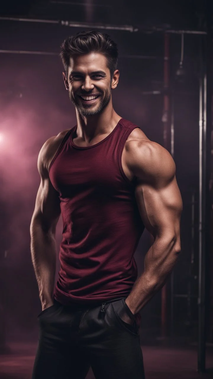 Hyper Realistic handsome muscular man in maroon-patterened-black-tank-top giving ATTRACTIVE-SMILE in a dark gym full of maroon-fog at night showing dramatic & cinematic ambiance