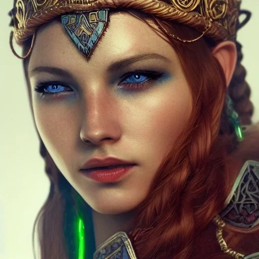 highly detailed beautiful girl viking queen portrait, red glass armor, blue delicate braided hair, green facial paint, gold necklace, cinematic lighting, 4k, 8k, octane render, digital concept art, trending on artstation, pinterest, extremely detailed, ambient lighting.