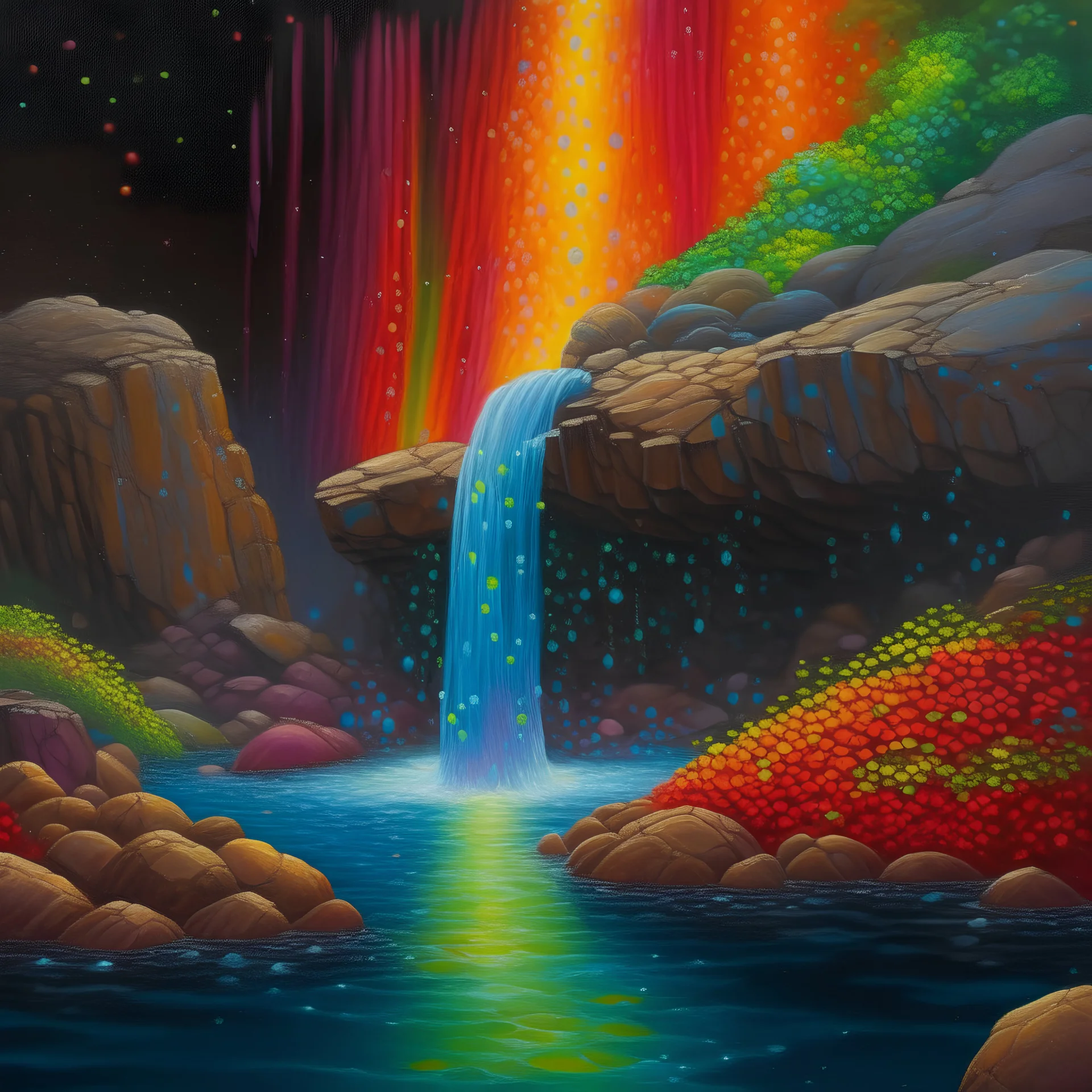 glossy hyper-realistic Illustration artwork of a Impressionist Paintings of a serene waterfall slowly moving down the rocks down to a gentle pond , Glow-in-the-dark vivid neon red blue orange and yellow, tiny bonzai made of tiny luminous dots style puntilism following the traile of the cascade, water trickling shimmering iridescent colors with soft rainbow hues