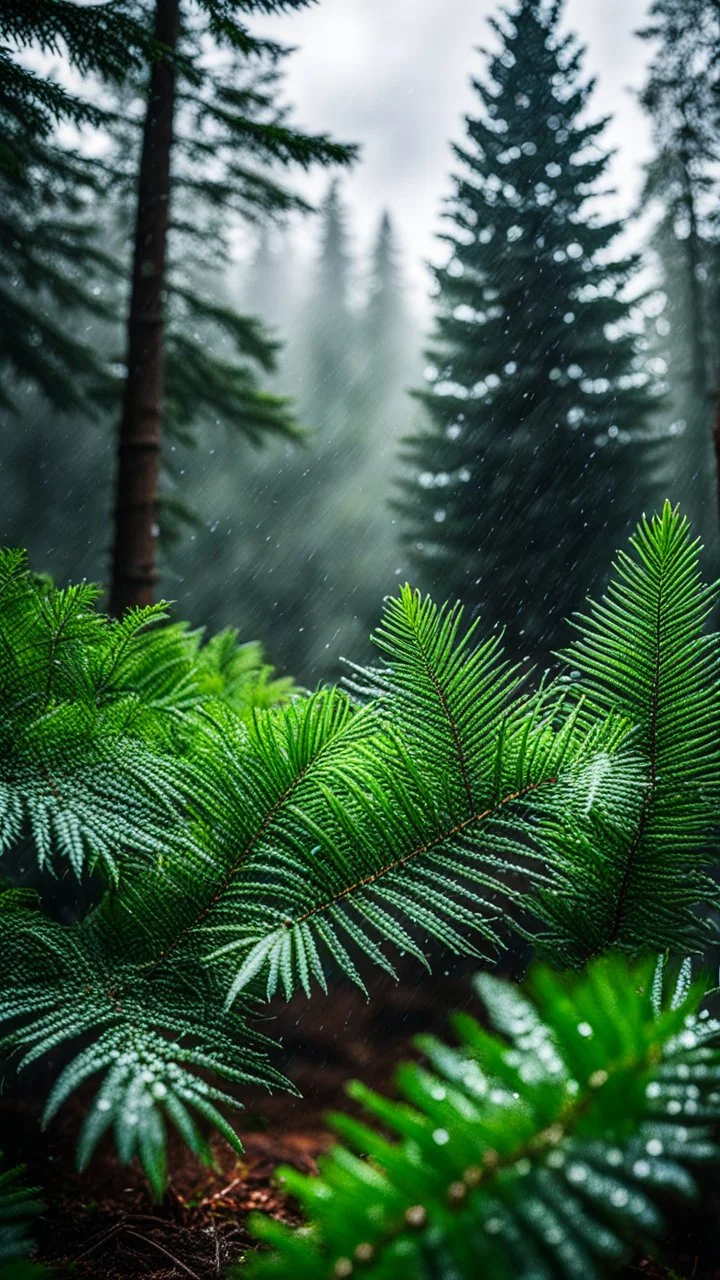 a dramatic scene in a dense forest with A FIR BRUNCH under the rain. The background should feature raindrops falling around the leaves.