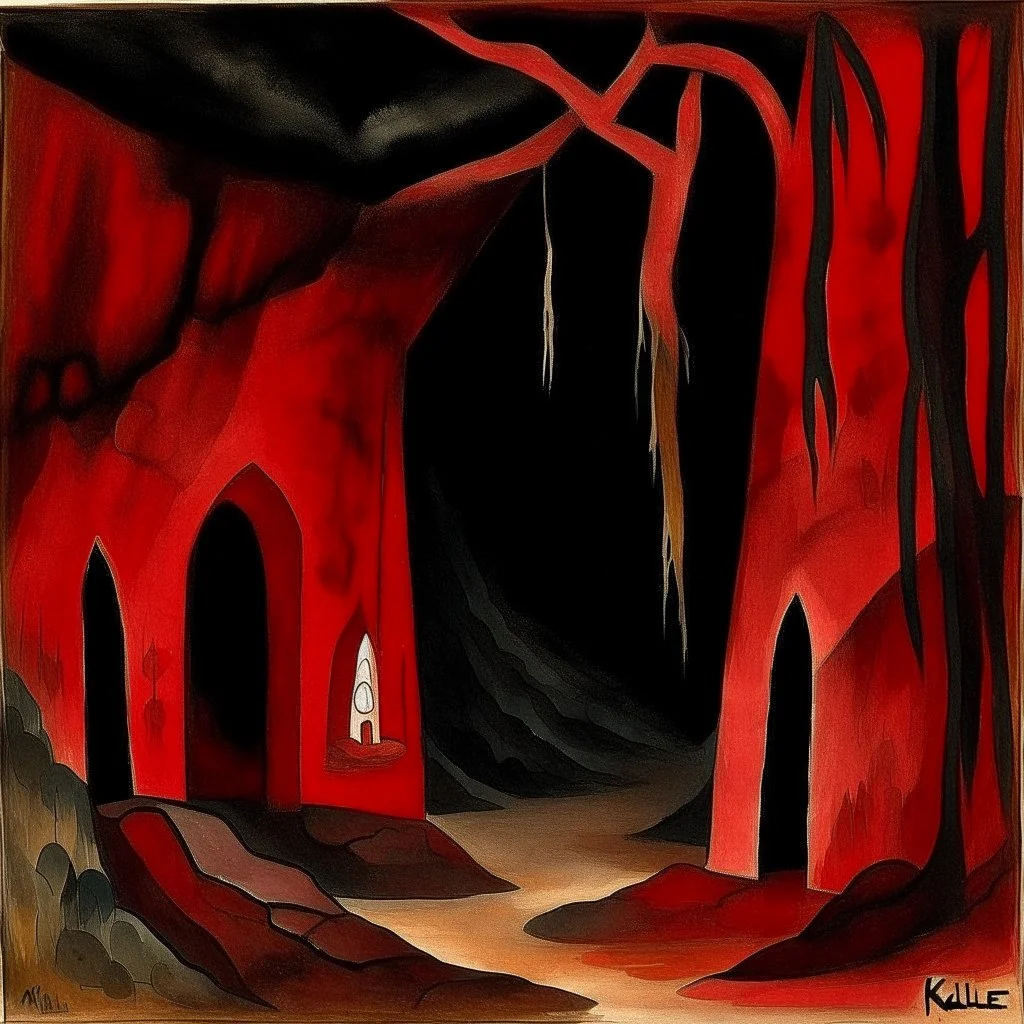 A dark red cavern near a Karoo painted by Paul Klee