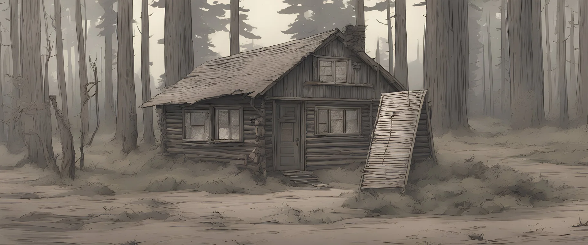 log cabin, post-apocalyptic, comic book, forest, cinematic, from far away,