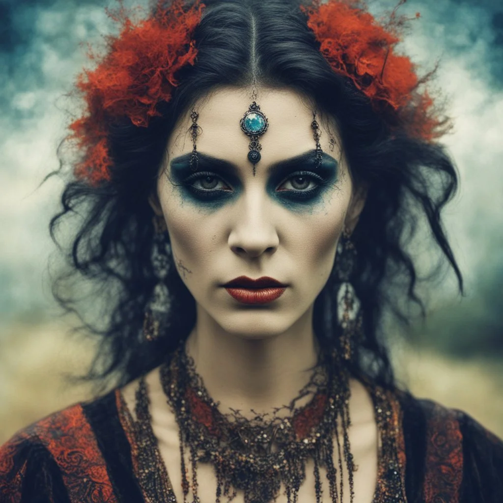 Conceptual surreal and otherworldly portrait photograph of a traditionally dressed Romanian Gypsy Vampire Sorceress , with highly detailed hair and facial features in the photographic style of Jerry Uelsmann, sharply focused, cross processed color image using color slide film with C-41 color negative chemicals, with fine ink overlays, 8k, cinematic horror atmosphere