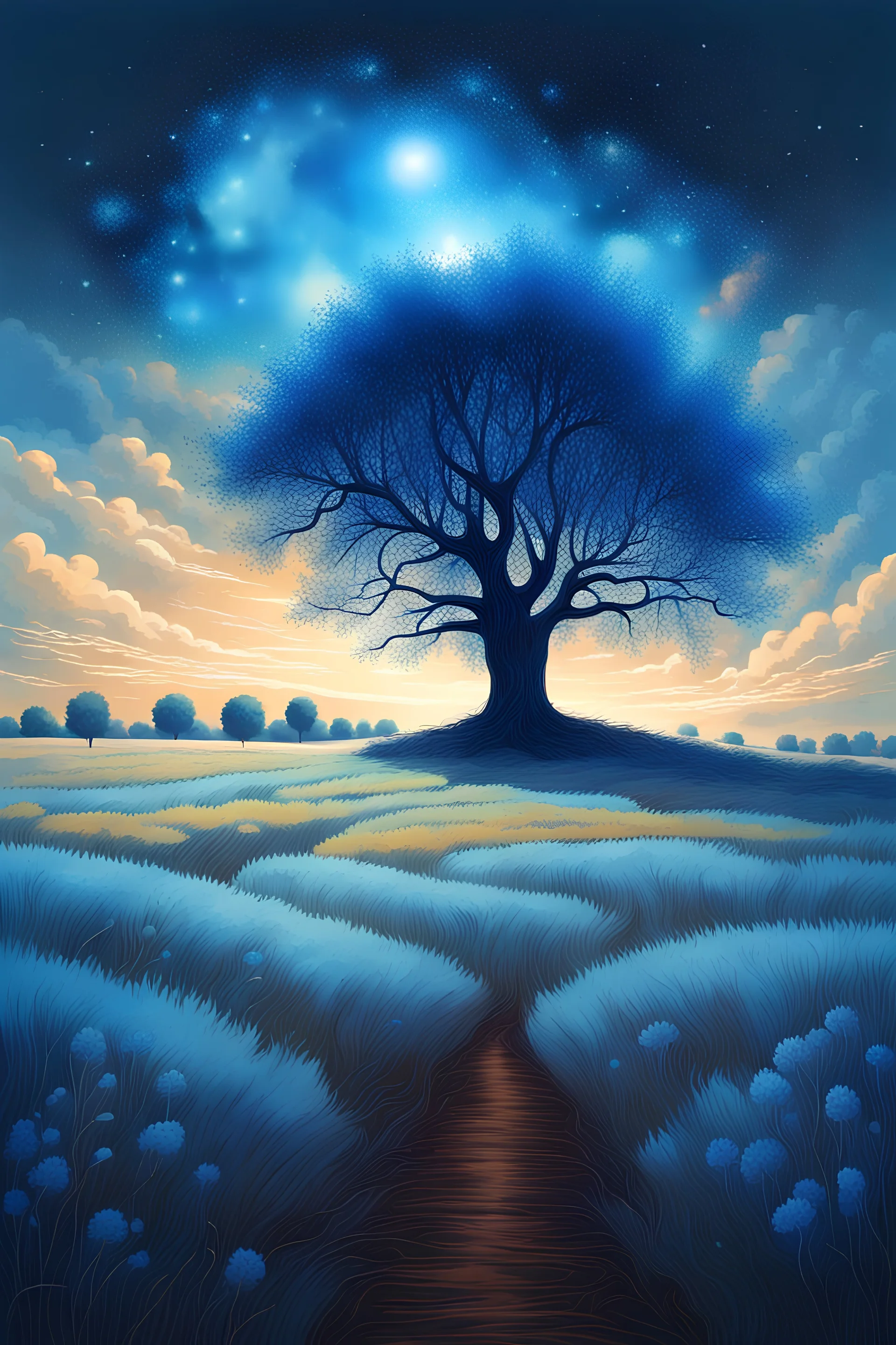 landscape. all a field with blue grass. trees with blue foliage. the cosmic sky. a lonely tree.