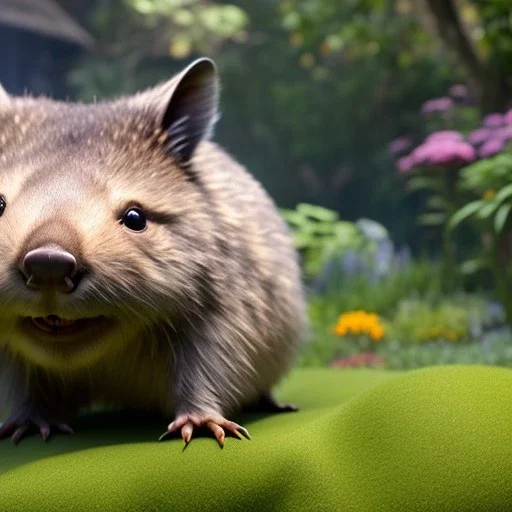 pixar style, volumetric summer garden environment and background, realistic painting of an wombat smiling, looking excited, detailed digital painting, extreme dense and fine fur, anime, ornate, colour-washed colors, elegant, small minutiae, tiny features, particulars, centered, smooth, sharp focus, renderman gofur render, 8k, uhd, detailed eyes, realistic shaded volumetric lighting, sunlight caustics, backlight, centered camera view