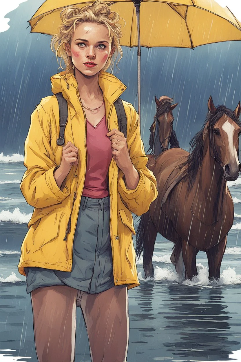 In the music video, a 23-year-old woman with blonde hair and bright blue eyes stands in the sea, se has a high messy bun. fishers hat dressed in a yellow fisherman's jacket. She holds an umbrella, but it offers no protection from the pouring rain. Around her, heavy horses are moving. The rain is pouring heavily. She is standing in the middle of the sea. You can see here completely. She is wearing a fishers outfit. NOT SEXY!!