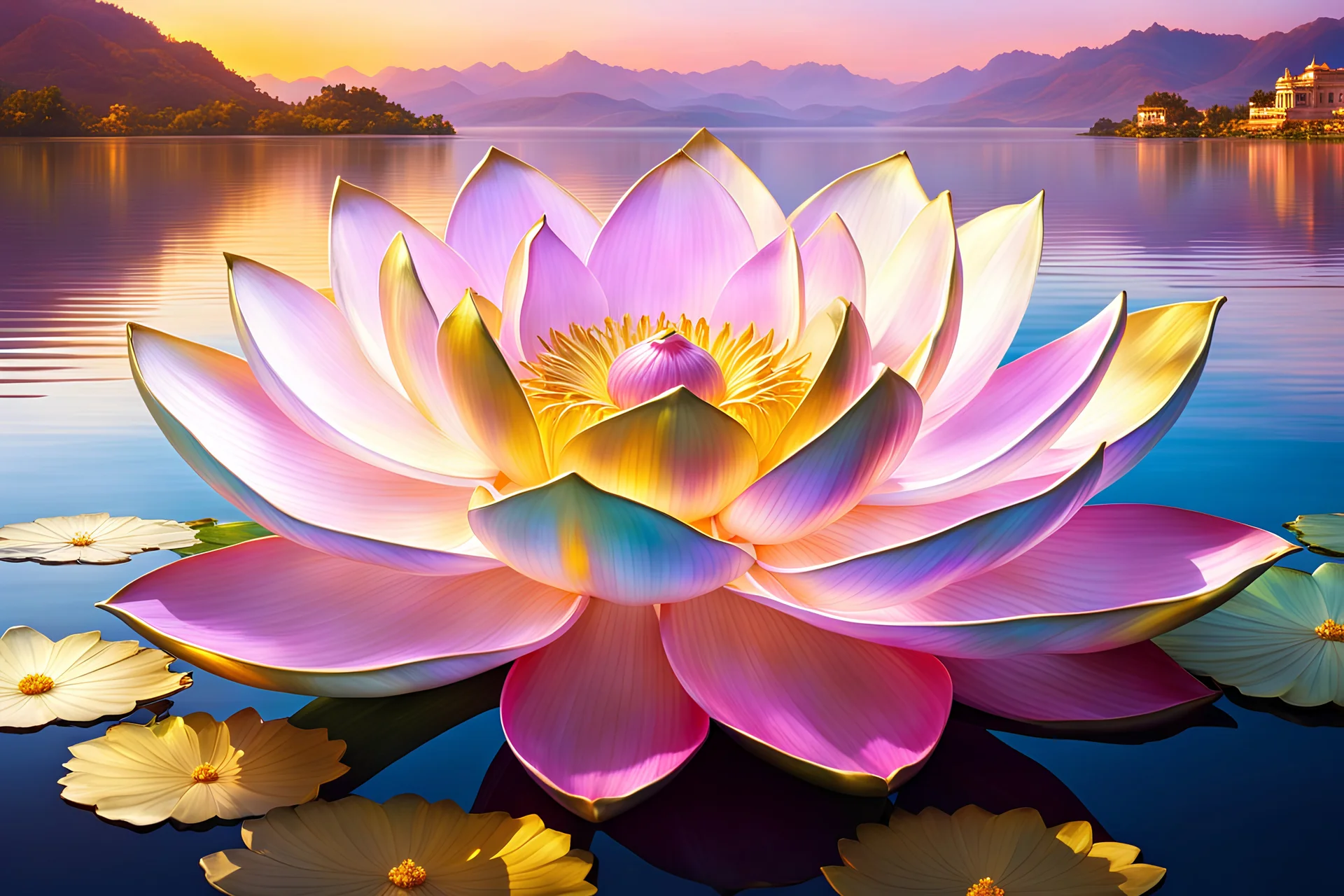 (Masterpiece ), Photorealistic, gold, opalescent iridiscent color, precious stones crystal gold, big pink lotus flower in the middle of a lake landscape of summer ambient beautiful sea, Rajasthan palace in light crystals gold