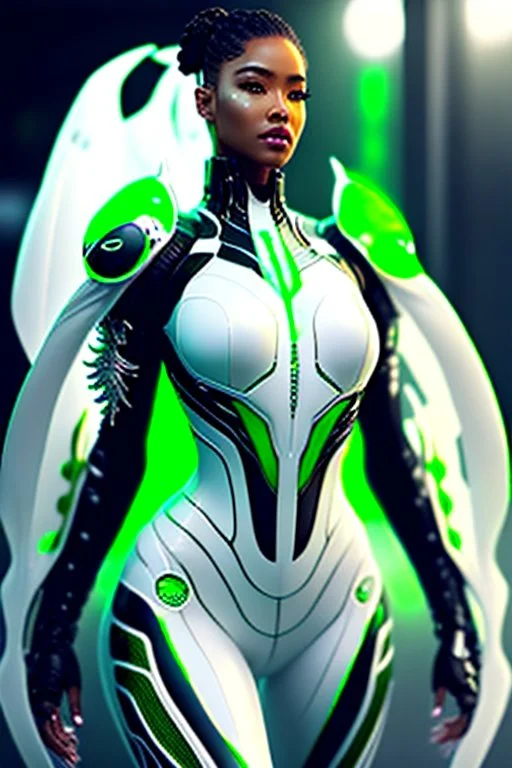 Cyborg symbiote, white color, green color, tendrils, high tech, cyberpunk, biopunk, membrane wings, carbon fiber