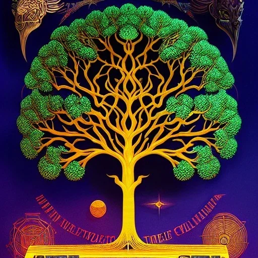 fullbody Drawing of 'sketch of the tree of knowledge of good and evil',intricate detail,andrea bonelli,Kilian Eng,Ohrai,evan lee,Aleksandr Sidelnikov,KyuYong Eom,three quarters frontal aerial view,toned colors,32k