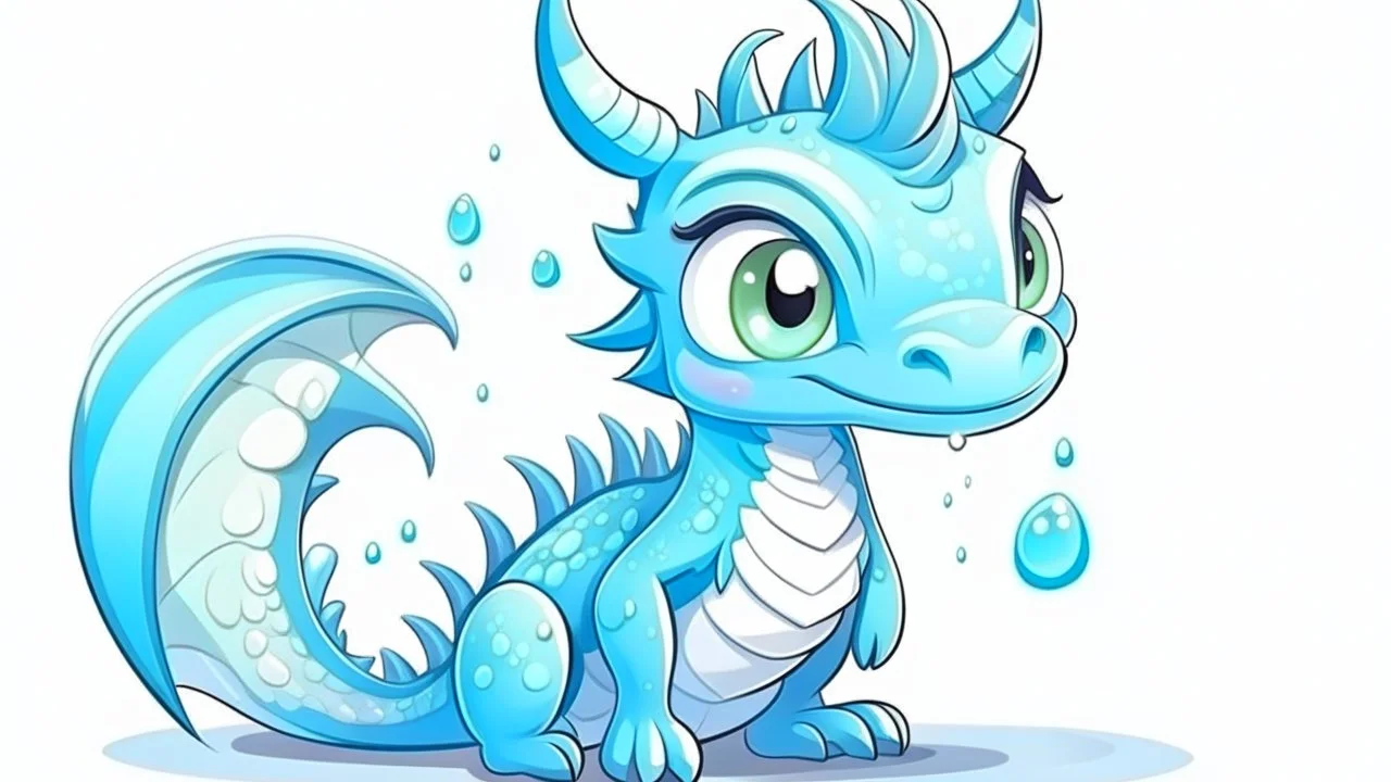 cartoon illustration: a cute ice dragon with big shiny eyes. The dragon is spreading his big wings