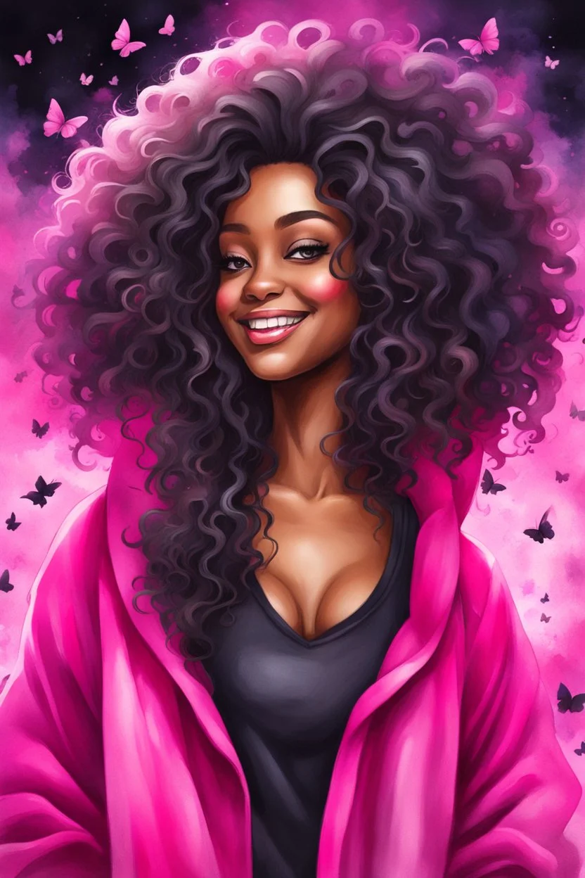 vibrant watercolor painting image, airbrush, 48k, cartoon art image of a black curvy female looking to the side smiling with a large mane of curly ombre hair flowing through the wind while she has a hot pink hoodie on, prominent makeup with hazel eyes, highly detailed hair, background hot pink and BLACK BUTTERFLIES surrounding her, dystopian charcoal