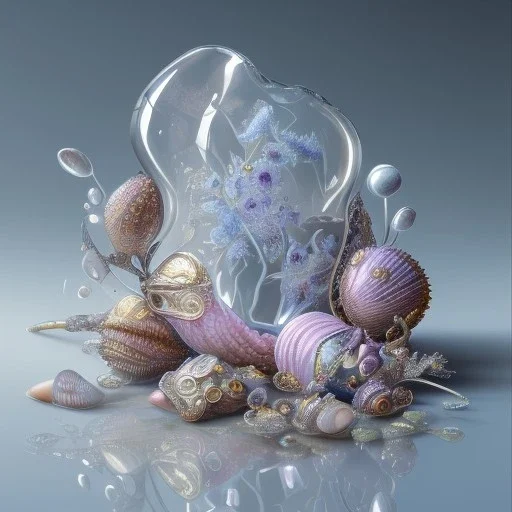 a glass slipper, a hyperrealistic photo, transparent body, crystal, shells, pastel colours flowers and leaves transparent, professional light, rock, rococo, Artstation, intricate detail realism hdr, intricate detailed 8 k, with ornate jewelled, intricate detailed 4 k