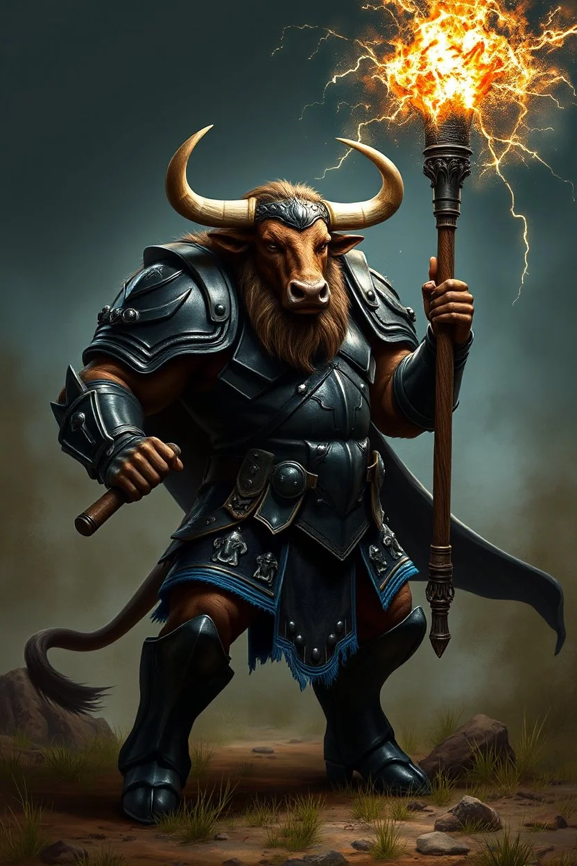 Bevo, the Texas Longhorn as a minotaur wearing black plate armor, trimmed in shiny blue, holding a mace crackling with thunderous energy