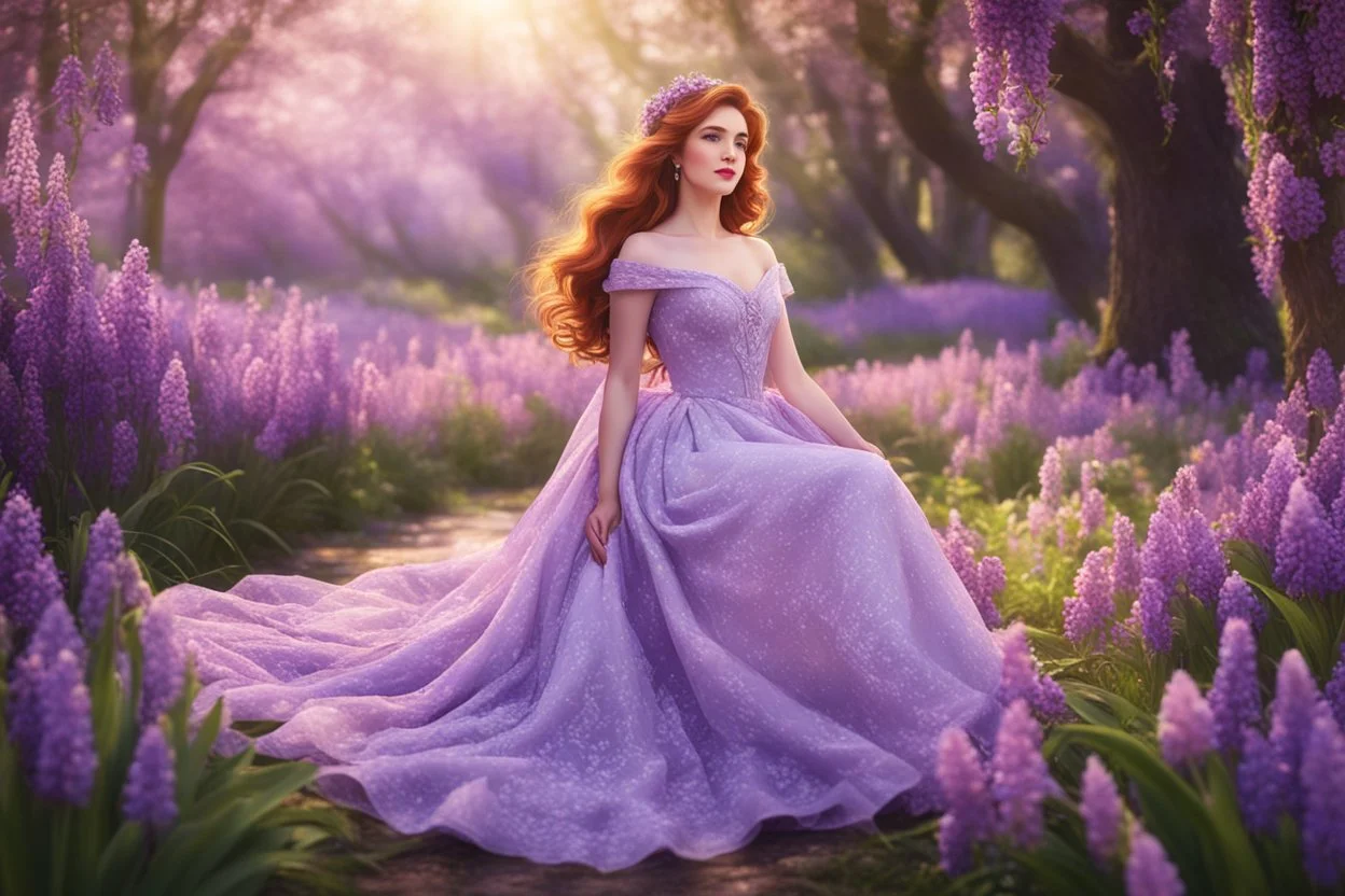 Amongst pink and purple hyacinths, she graces the scene, A spring girl with auburn hair, a vision serene, In her floral dress, she sits, elegance untold, A fantastical Elsa, enchanting hearts untold. digital art, high quality, 4k