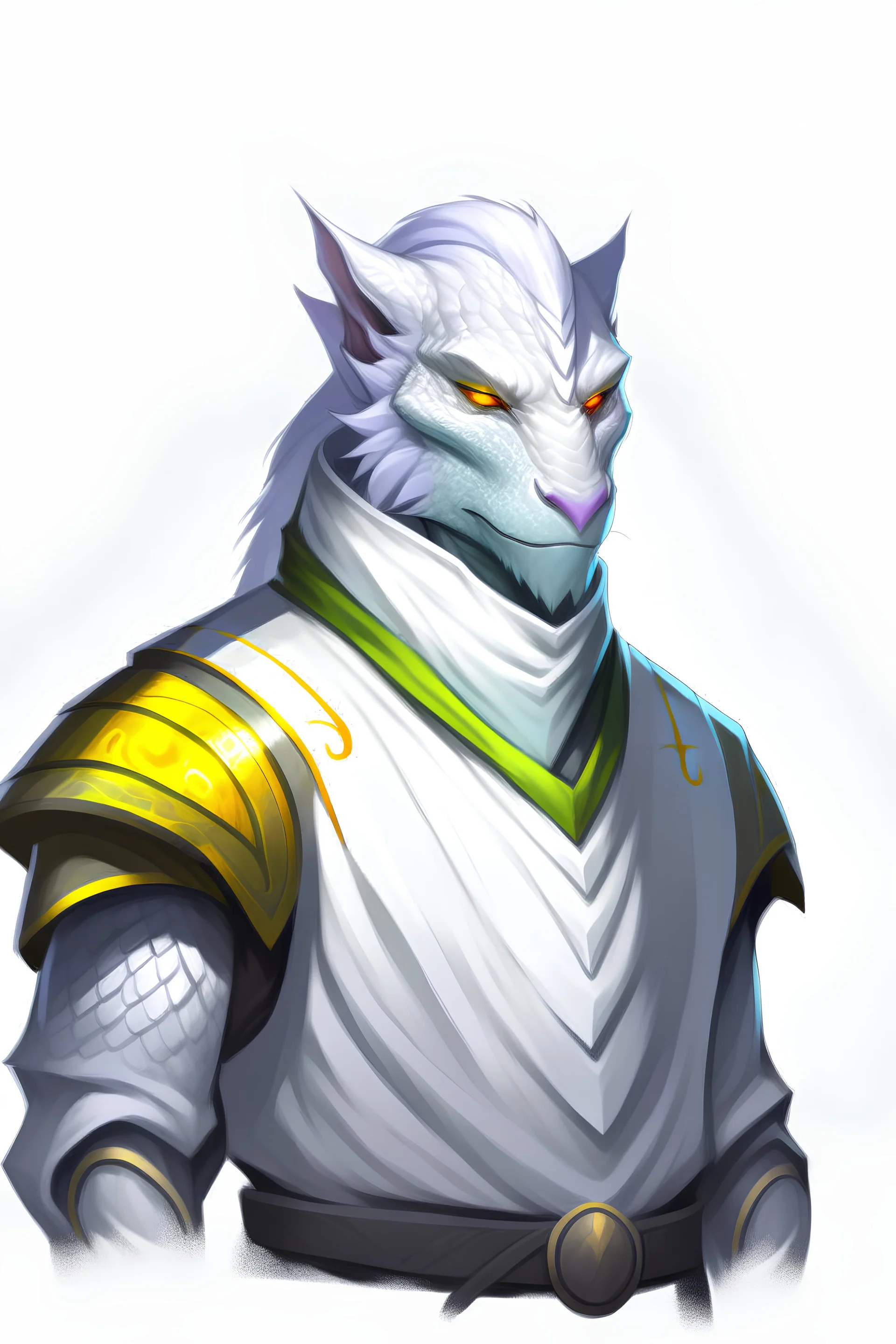 half shot of a white dragonborn with golden eyes, gentler features, calm, pure white scales, dark grey monk outfit, grey trousers