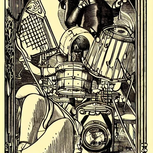 vitruvius man, playing drums, steampunk, art nouveau,