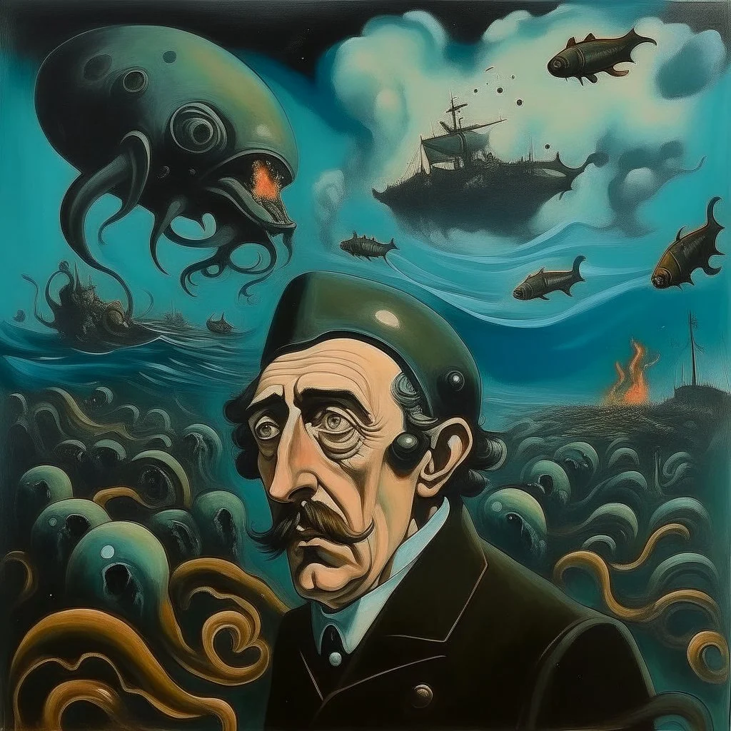 High concept art, style of Salvador Dali aesthetic, matte oil painting on canvas, in an empty field a deep-sea diver who has a television screen on his helmet broadcasting a picture of a school of eels with human heads, sinister, concept art, oddball masterpiece, sfumato, complex contrast