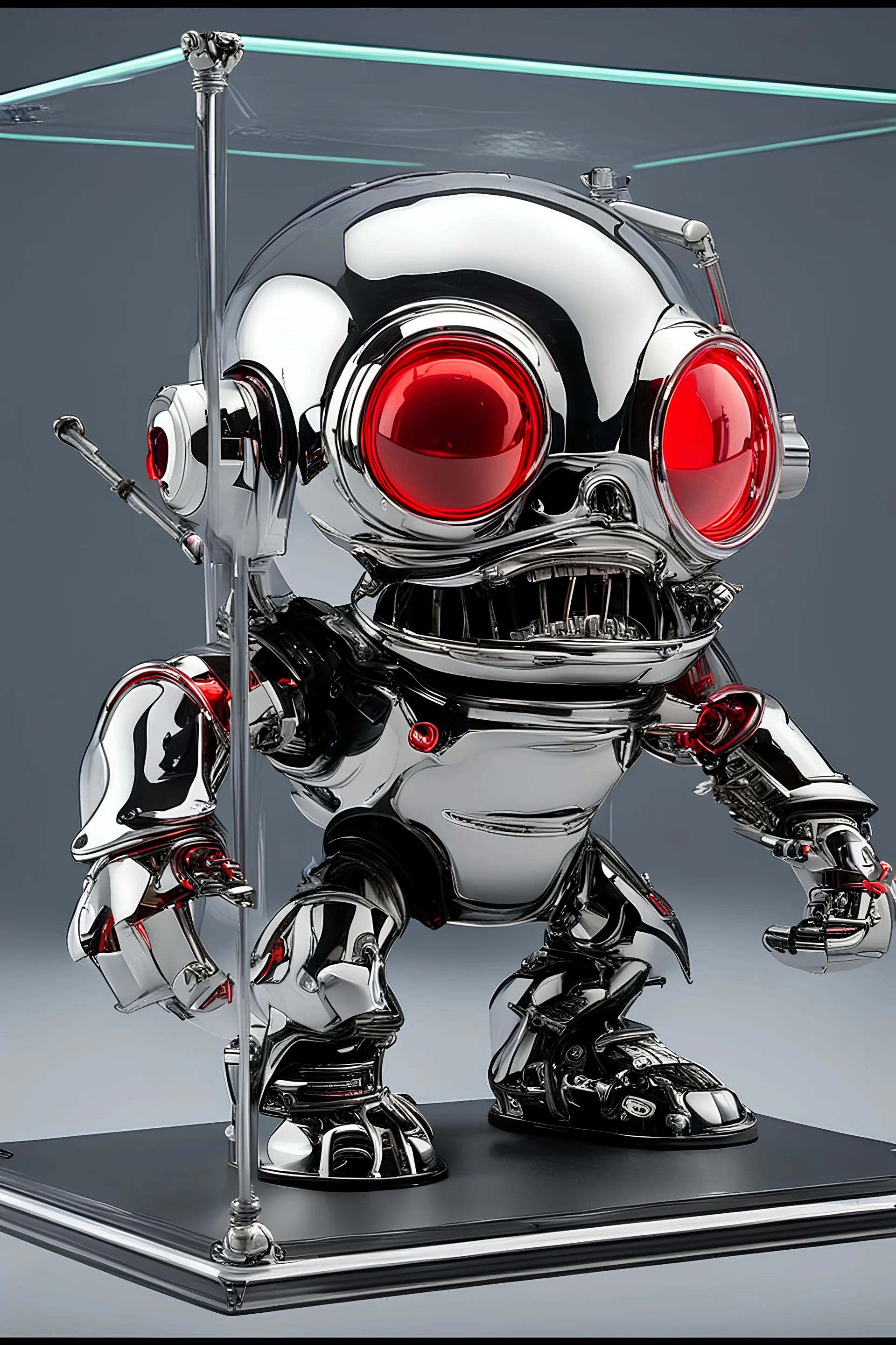 a cute red with blacklight neon glow in a glass display case,