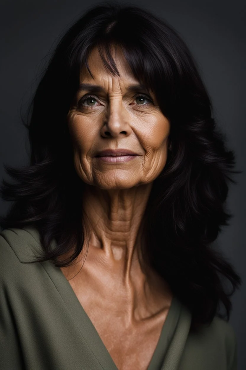 Portrait of a 60 year old Olive skinned woman, dark hair with hints of grey