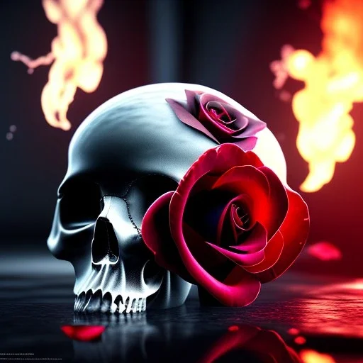 Cracked Skull and red rose, marble texture, dark, fantasy art, shallow depth of field, macro lens, unreal engine 5, ultra detailed,8k, HDR, hyperphotorealistic, bone, set in fire