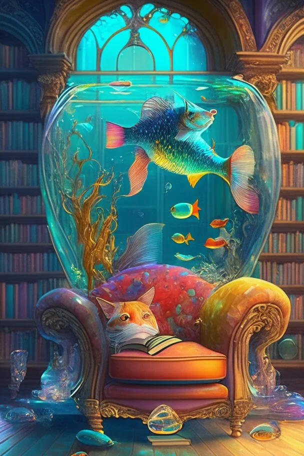 An aquarium glass cat shaped aquarium with fish, colorful fish, in an old style cozy library with a comfortable armchair to sit in and a large aquarium with fish, colorful fish