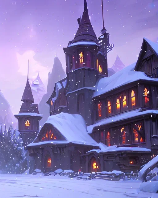 A magical snowy warlock castle in Christmas