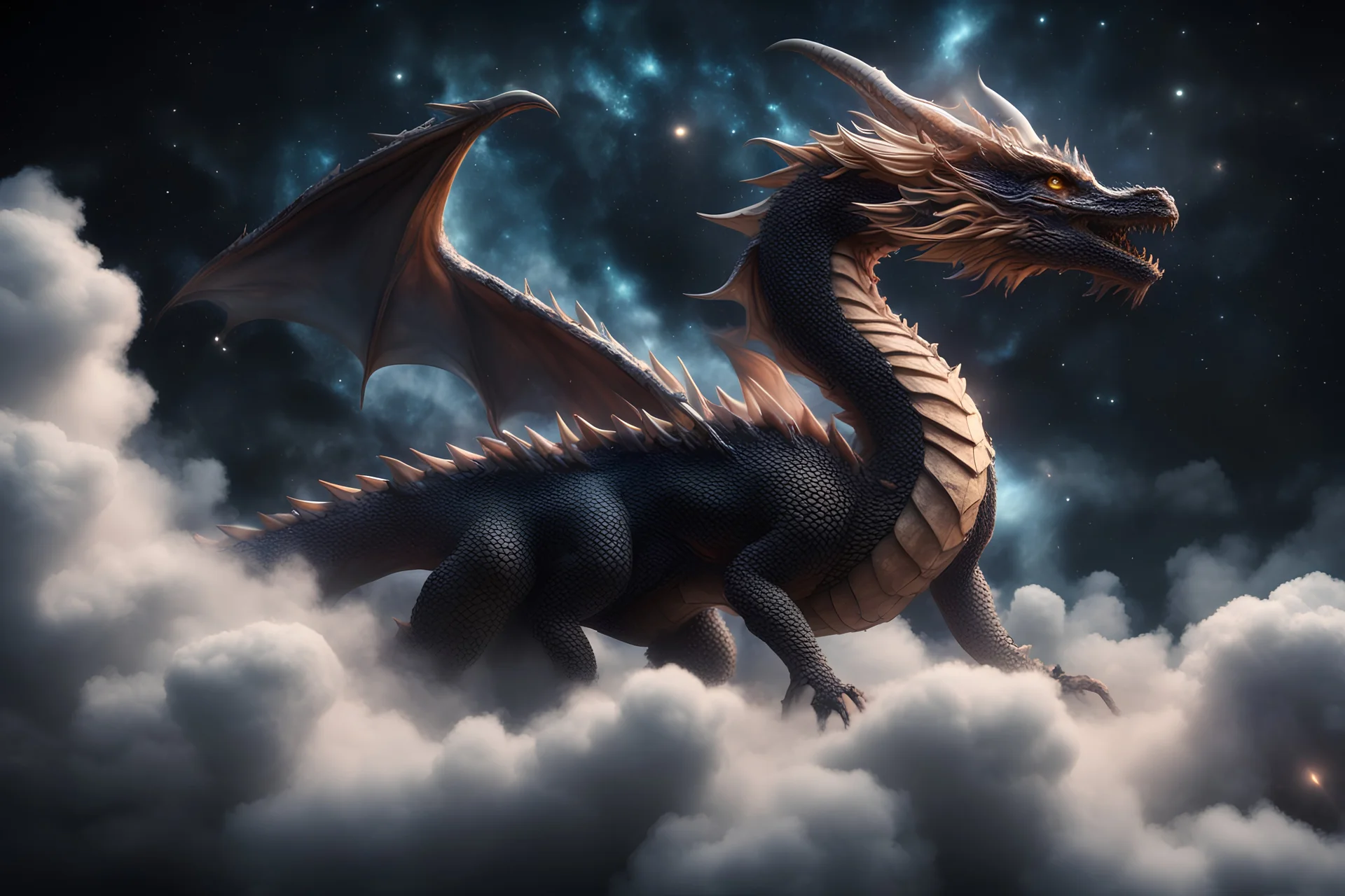 Large depth of field. Majestic dragon rising from clouds on black starry sky background 4k 3d high resolution high stereoscopic look high detail high quality concept art abstract 8k fantasy beautiful elegant intricate colorful focused