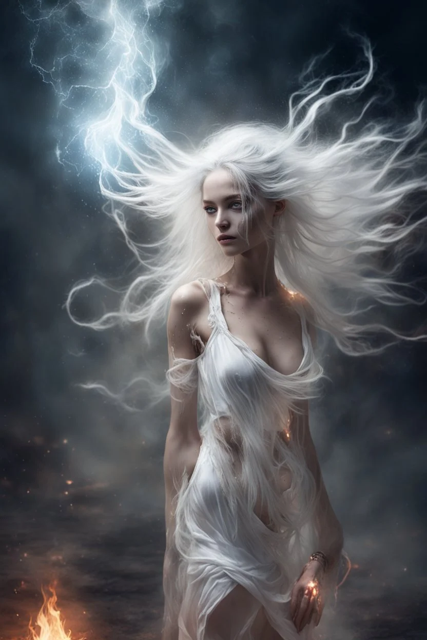 full body gorgeous ethereal goddess female extraterrestrial being, body piercings, beautiful face, mesmerizing watering eyes, smooth translucent skin, transcendental, ripped tattered white silk dress torn apart, wind blown long white blood spattered hair, crazy, wild, exotic, fire light, sparks, embers.