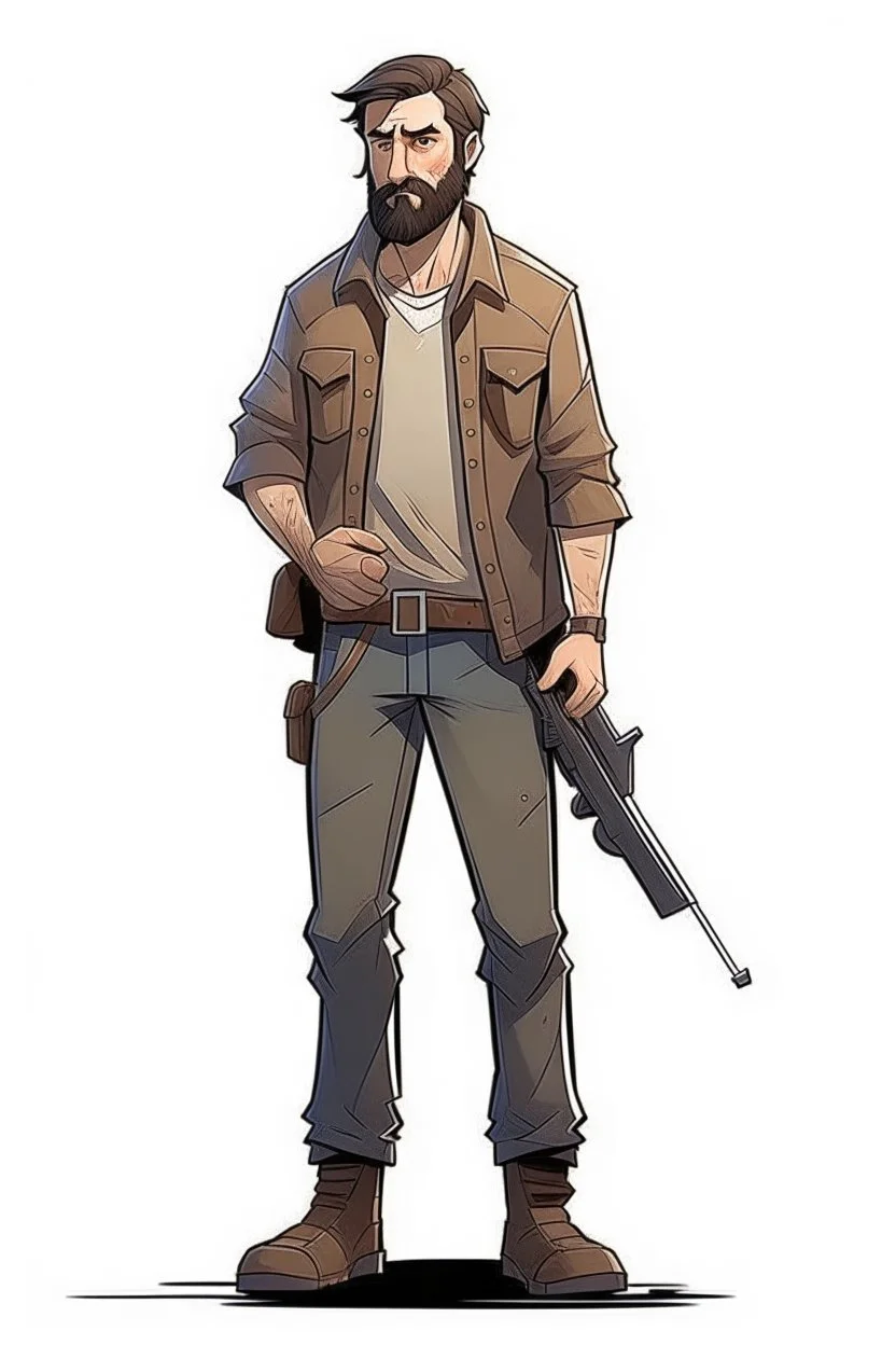 man, beard, brown hair, illustration, looking serious, full body, standing, mean,, looking sideways, holding a riffle