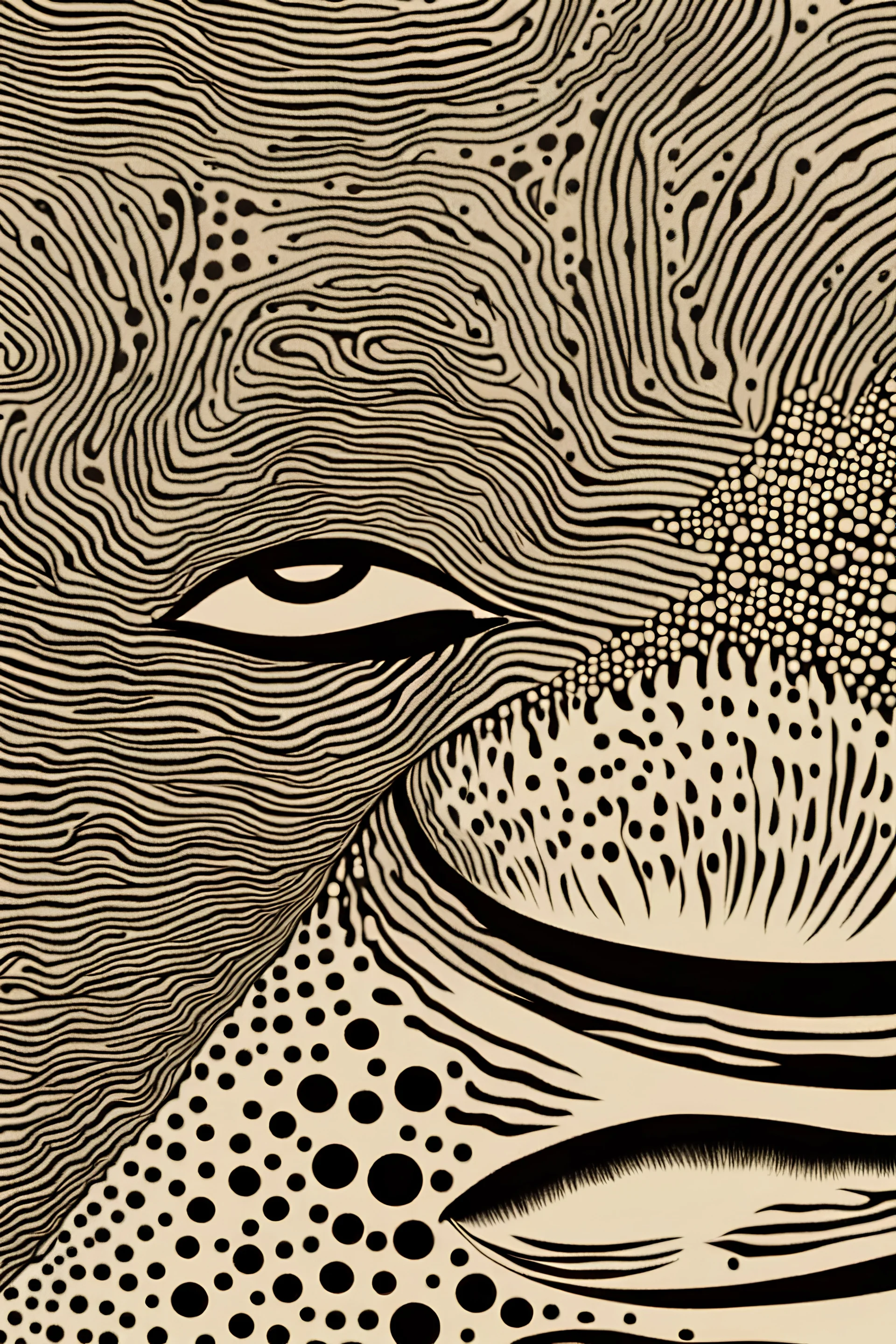 eye made of wave forms, similar to yayoi kusama, stipple, one line drawing, hand drawn, vintage poster, abstract, 8k, sharp focus