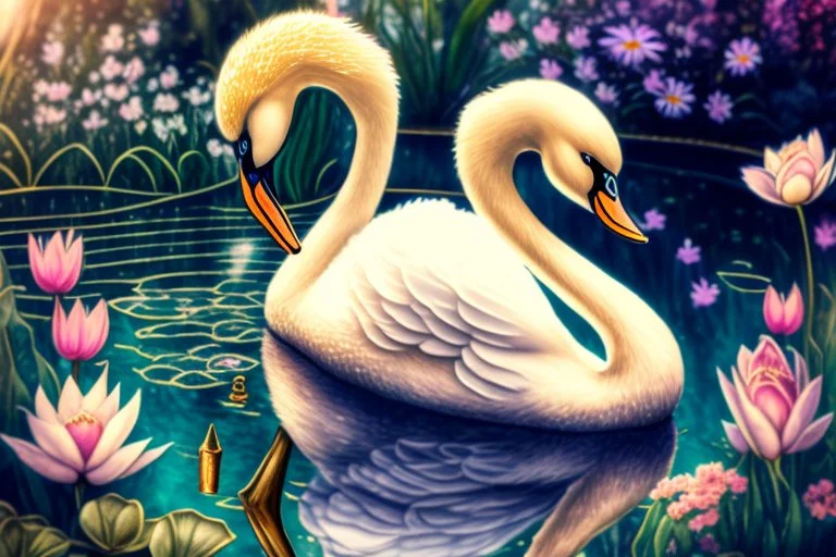 beautiful swan and cute chibi princess in a flowergarden with beautiful flowers, pond, in sunshine, H.R. Giger, anime, steampunk, surreal, watercolor and black in outlines, golden glitter, ethereal, cinematic postprocessing, bokeh, dof