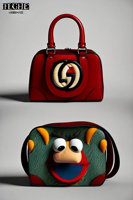 Gucci bag made by muppet face, Sesame Street style, retro style, photo studio, unreal engine 5, god lights, ray tracing, RTX, lumen lighting, ultra detail, volumetric lighting, 3d.