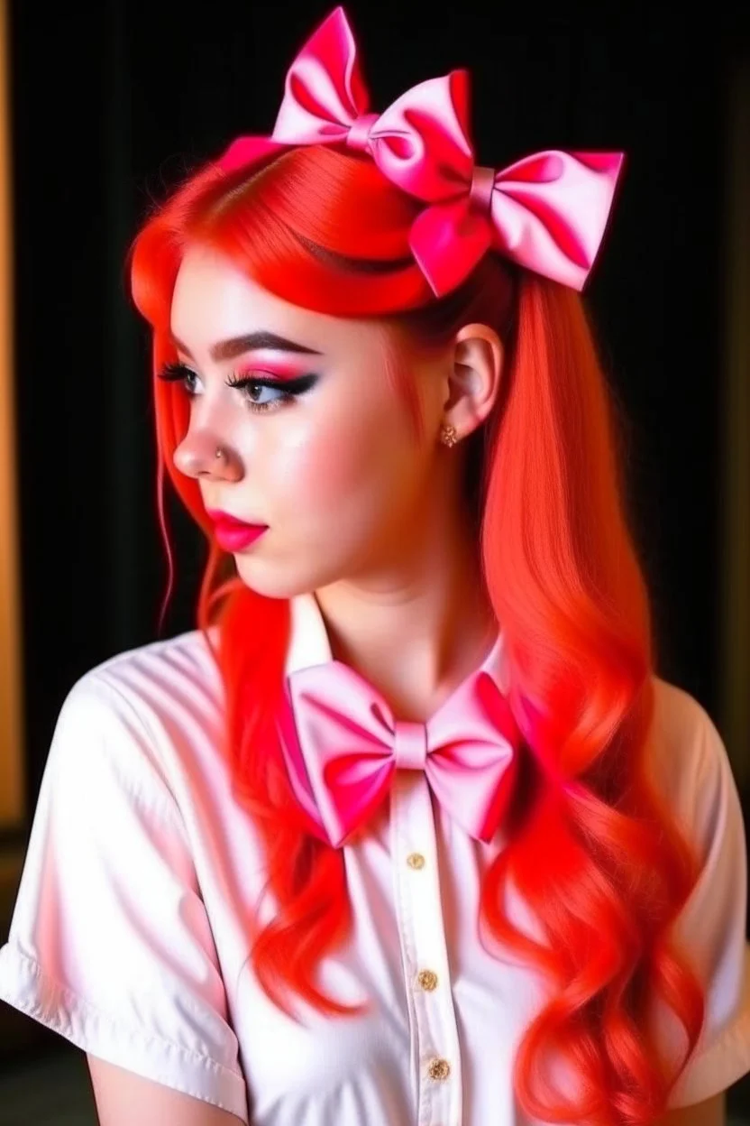 A beautiful girl with bright hair tied at the ends with a beautiful bow on her hair