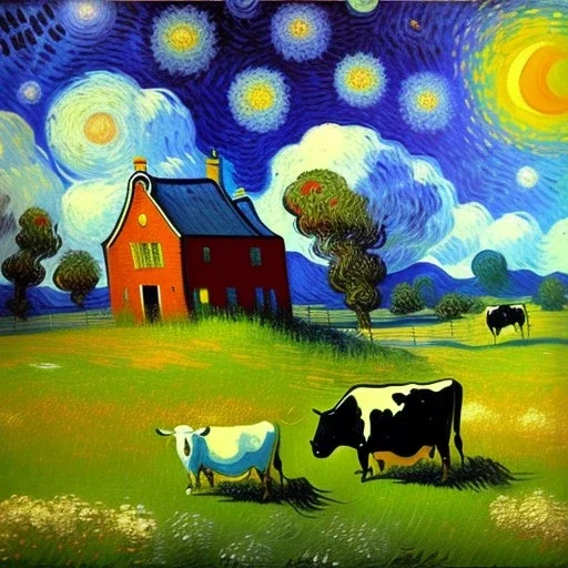 Dibujo al oleo de una pradera con una casa y unas vacas con muchas nubes de colores estilo Vincent van Gogh