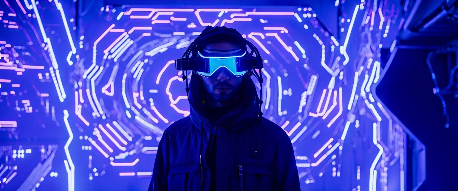 A prodigy in cyber-navigations, Terra Byte uses their unique skills to manipulate digital space and create virtual ecosystems that serve as sanctuaries from the harsh cyberpunk reality. Draped in garments seamlessly integrated with camouflage tech, and goggles perpetually projecting data streams before his eyes, imperfection, natural lighting, cinematic, Fuji Film, Anamorphic lens, 2040s, deep depth of field, Solarpunk