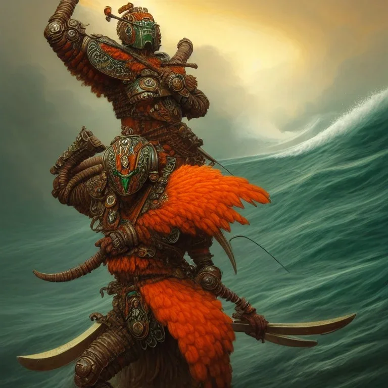 an ibis warrior in orange and green full battle armor, a highly detailed illustration, background of giant crashing ocean waves, realistic render, 8 k, micro detail, intricate, elegant, centered, digital painting, Artstation, smooth, sharp focus, illustration, artgerm, tomasz alen kopera, peter mohrbacher, donato giancola, joseph christian leyendecker, wlop, boris vallejo