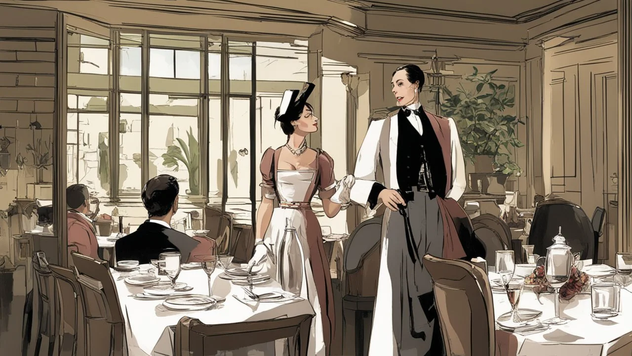 lady waiter in a restaurant and a man and his lady at a table