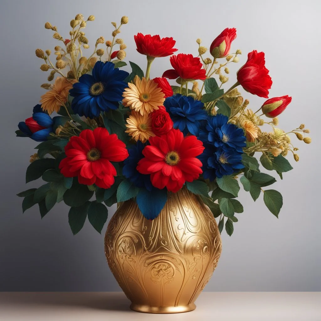 Flowers in midnight blue flowers, red flowers and green leaves in a gold vase. Light background