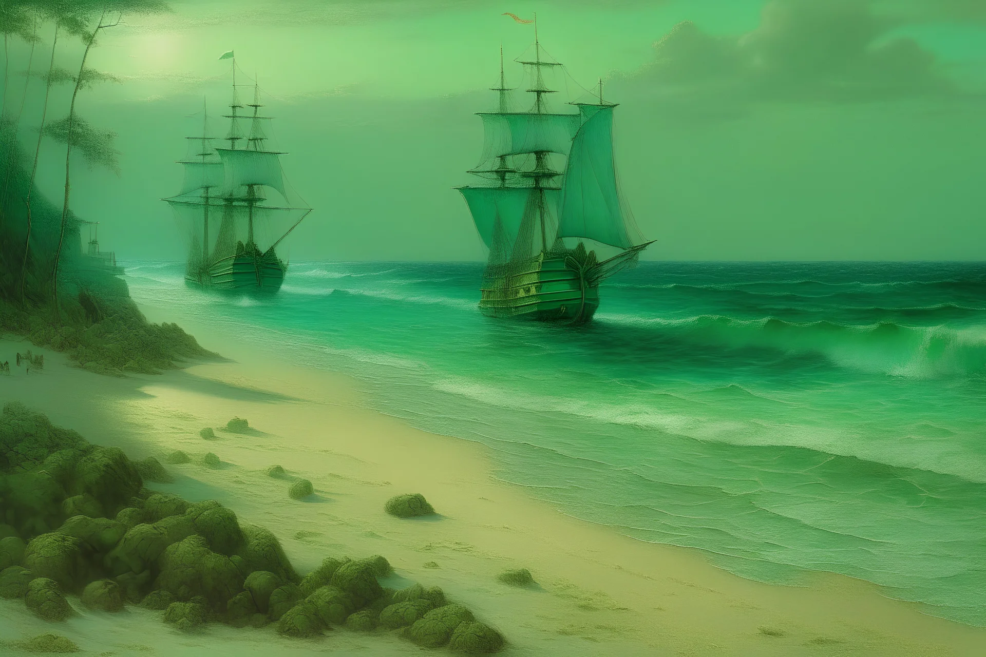 A bluish green beach with a pirate ship painted by John Atkinson Grimshaw