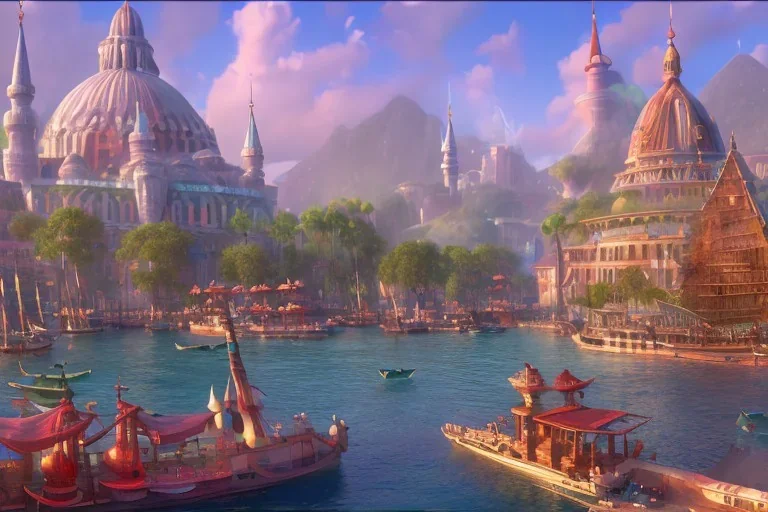 Boat restaurants in front of Empire Metropolis+hanging garden of babylon+karnaca+rome+istanbul+Burano+barocco Skyscraper+steampunk+colorful city,alphonse mucha,greg rutkowski,matte painting, cryengine