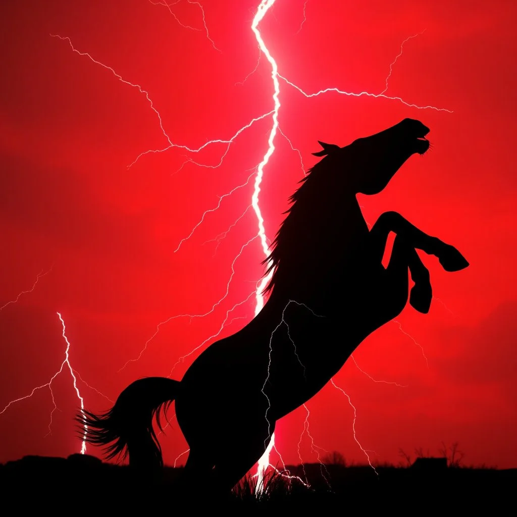 full silhouette of a horse rearing up(outlined by lighting), red sky with lightning, electricity traveling through background